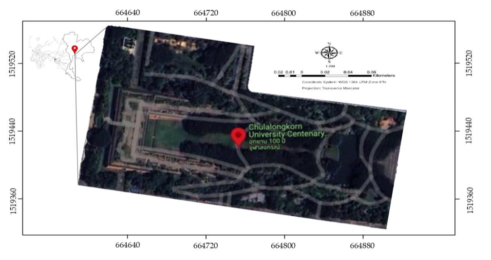 Location of the Chulalongkorn University Centenary Park (CU 100 Park), Bangkok, Thailand 28 rai with deciduous and evergreen tree species.