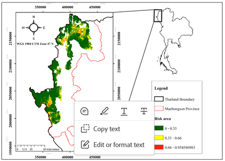 Map of areas under risk of illegal logging on conservation areas in Maehongson province.