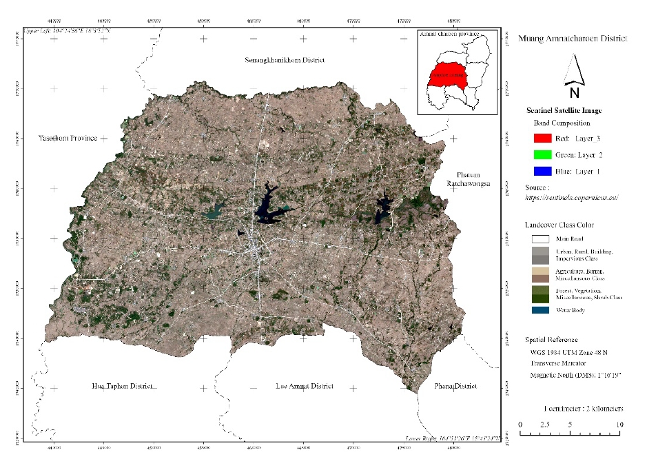 Sentinel satellite imagery of the study area in Mueang District, Amnat Charoen Province.