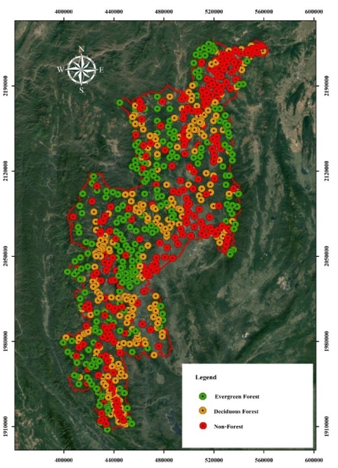 Distribution of 750 reference points for model training and testing, generated using stratified random sampling across Chiang Mai Province