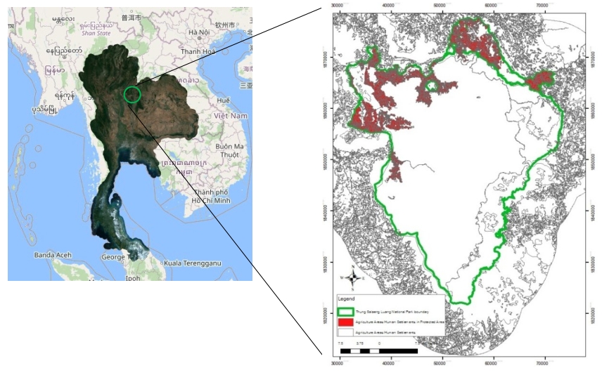 Location and boundaries of Thung Salaeng Luang National Park and surrounding human settlements and agricultural areas.