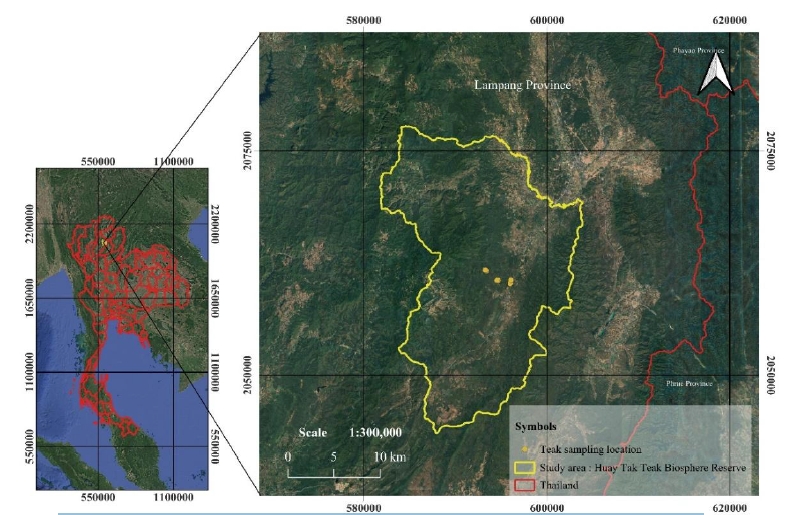 Map of the study area in Huai Tak Teak Biosphere Reserve, Lampang Province.